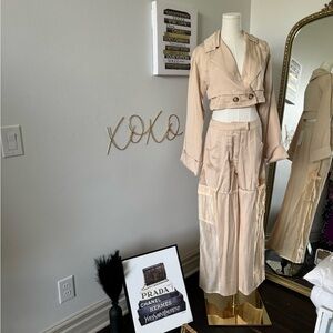 Beige Cropped Jacket and Skirt Set